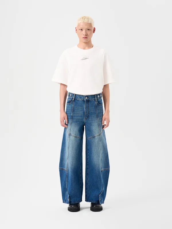 BLUE DECONSTRUCTED STITCH DENIM JEANS made by Feng Chen Wang
