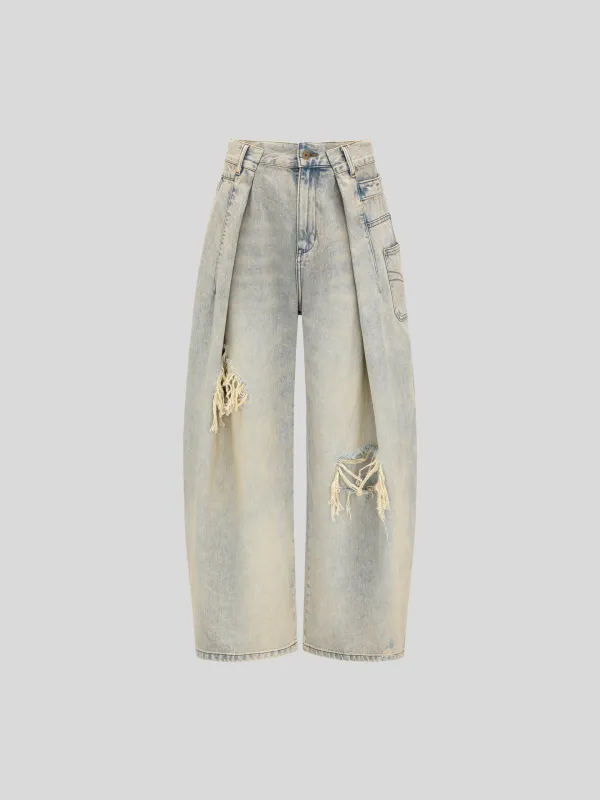 VINTAGE LIGHT BLUE WASHED DECONSTRUCTED DENIM PANTS made by Feng Chen Wang