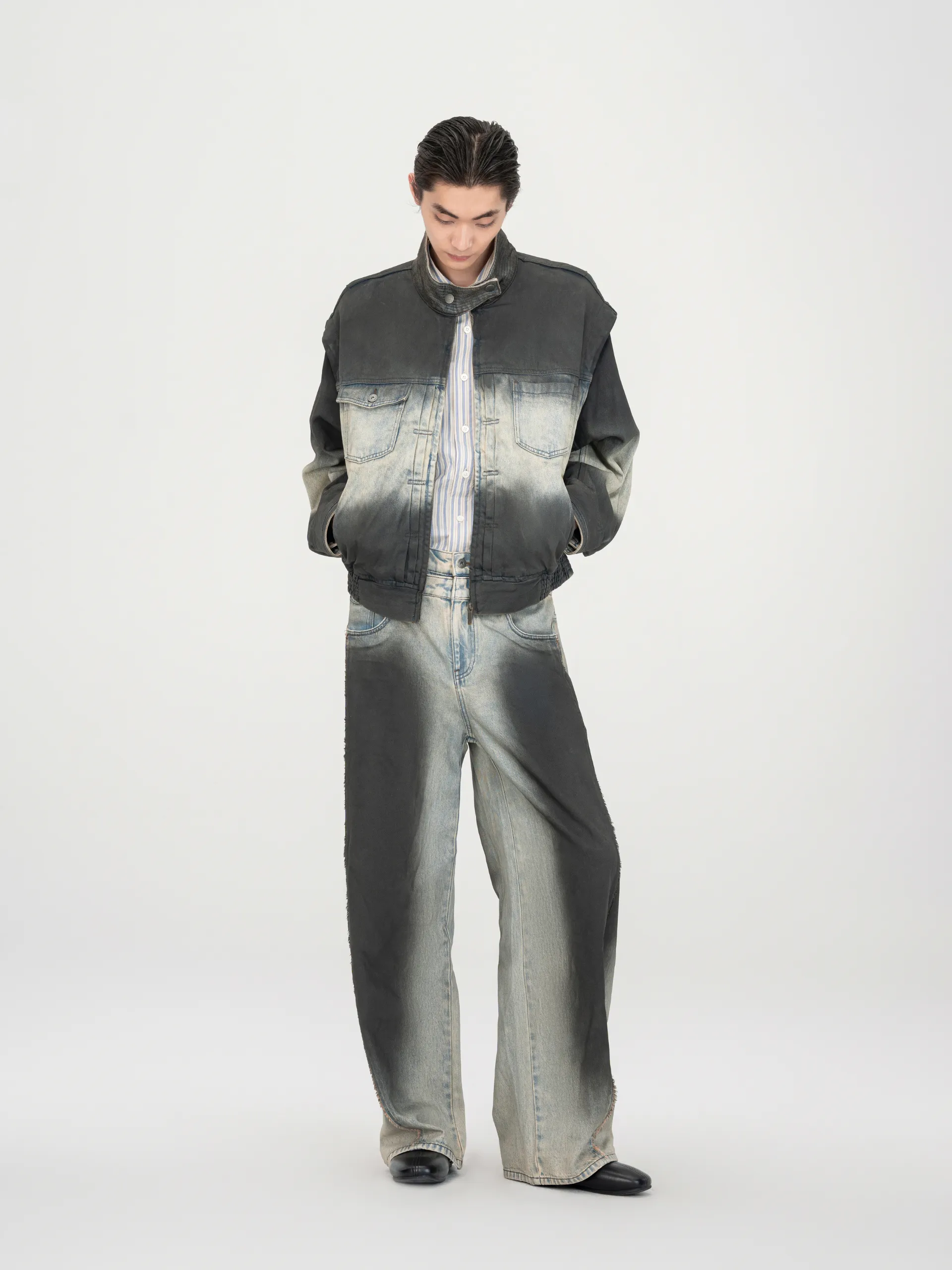 BLUE-TO-BLACK OMBRE DENIM STAND-COLLAR JACKET sold by Feng Chen Wang product image thumbnail 3