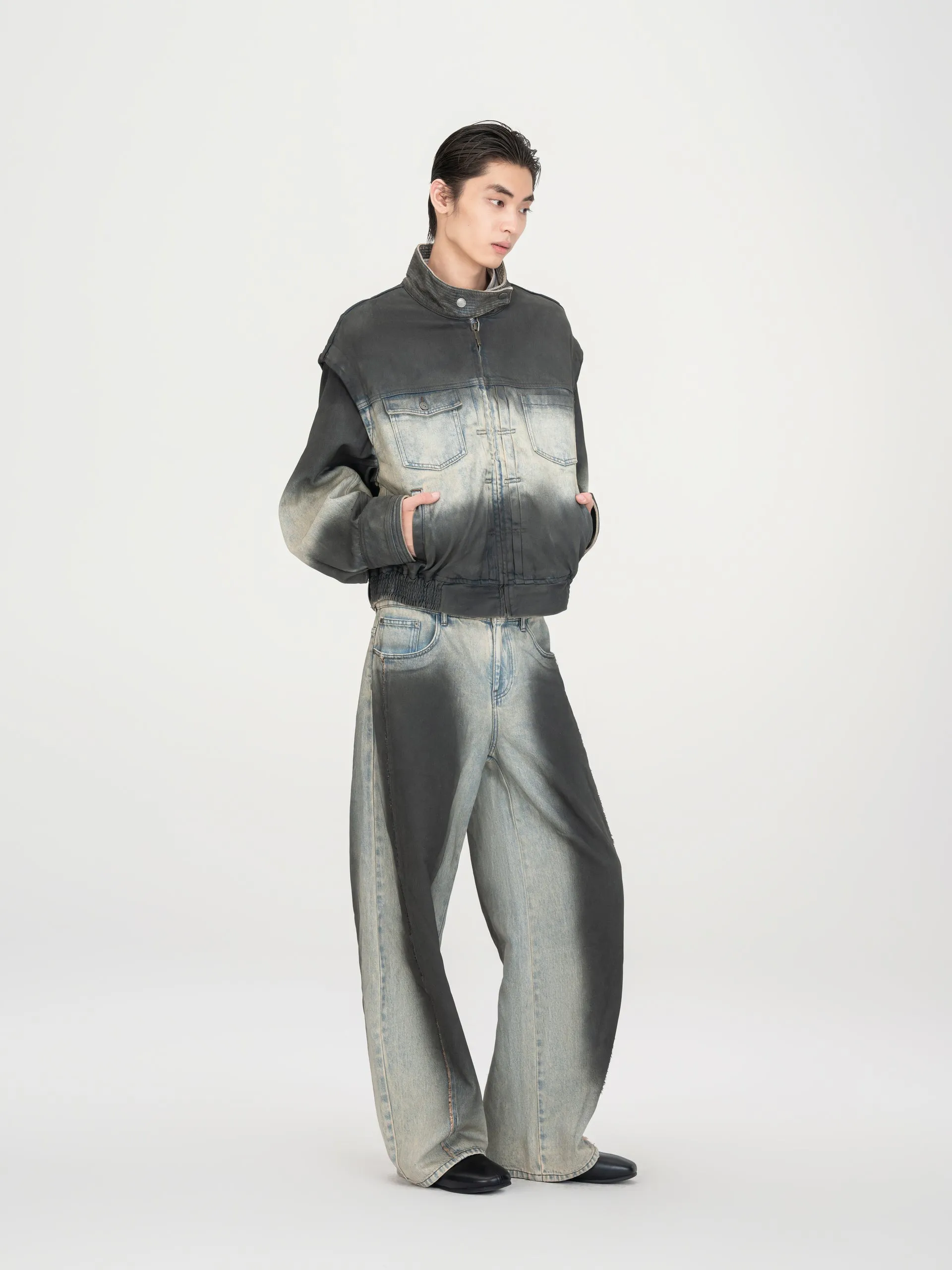 BLUE-TO-BLACK OMBRE DENIM STAND-COLLAR JACKET sold by Feng Chen Wang product image thumbnail 4