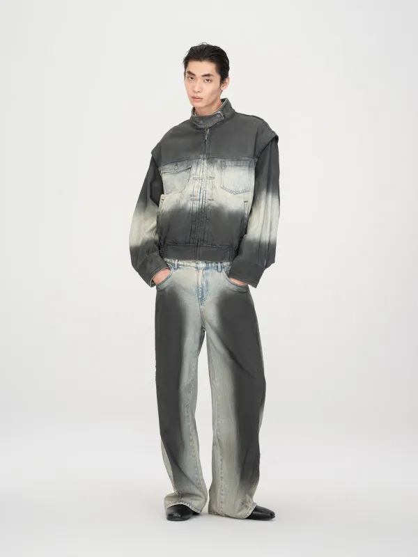 BLUE-TO-BLACK OMBRE DENIM STAND-COLLAR JACKET made by Feng Chen Wang