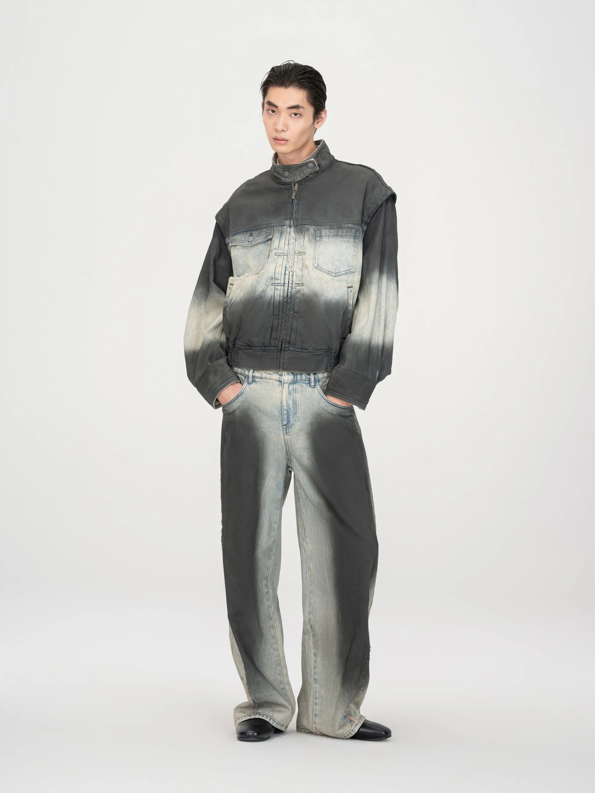 BLUE-TO-BLACK OMBRE DENIM STAND-COLLAR JACKET sold by Feng Chen Wang