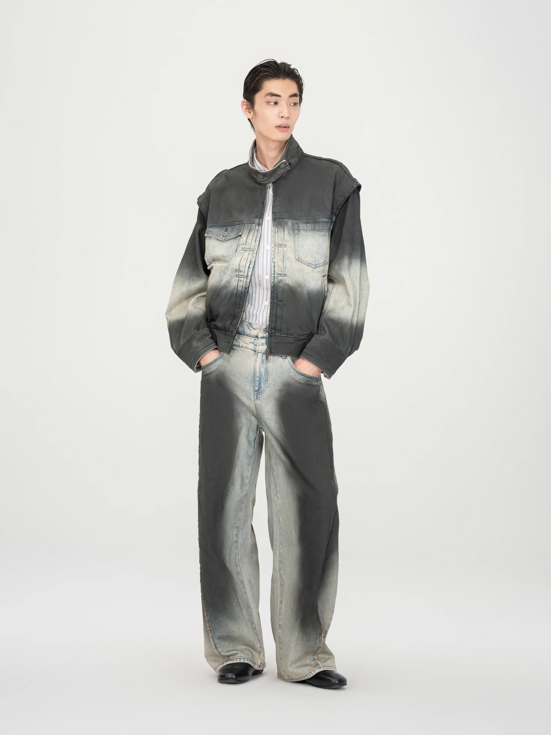 BLUE-TO-BLACK OMBRE DENIM STAND-COLLAR JACKET sold by Feng Chen Wang product image thumbnail 2