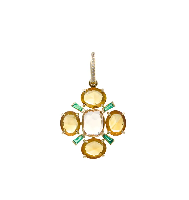 Citrine and Emerald flowers on a Diamond Hoops made by Scosha