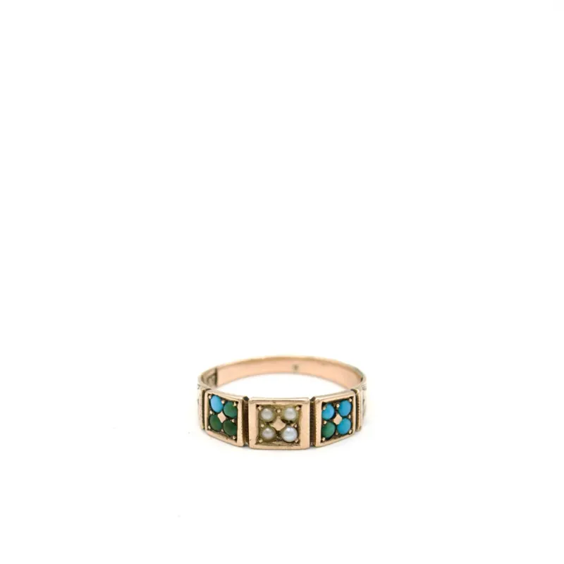 Victorian 9K Gold Ring with Seed pearls and Turquoise made by Scosha