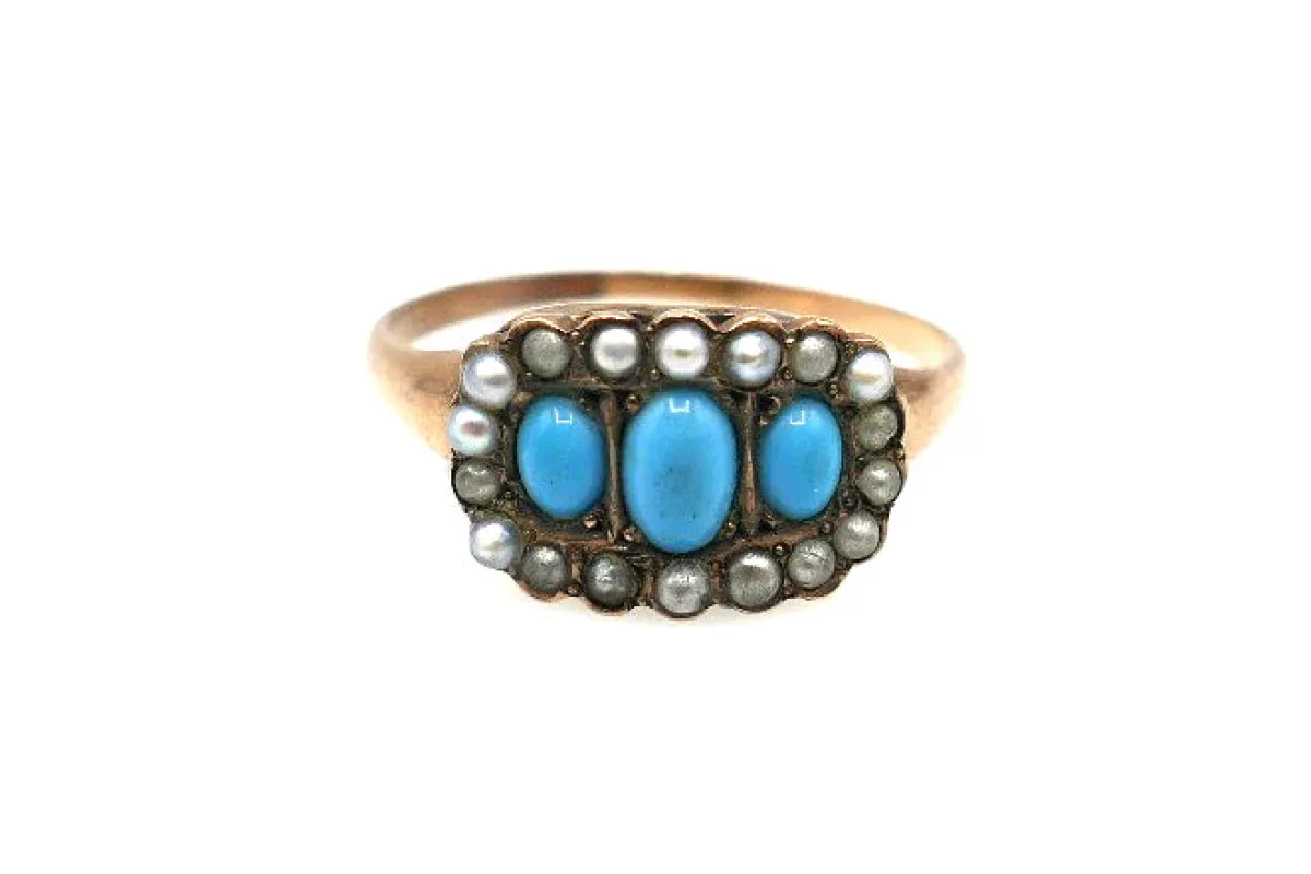 Victorian 14K Rose Gold Ring with Turquoise & Seed Pearls made by Scosha
