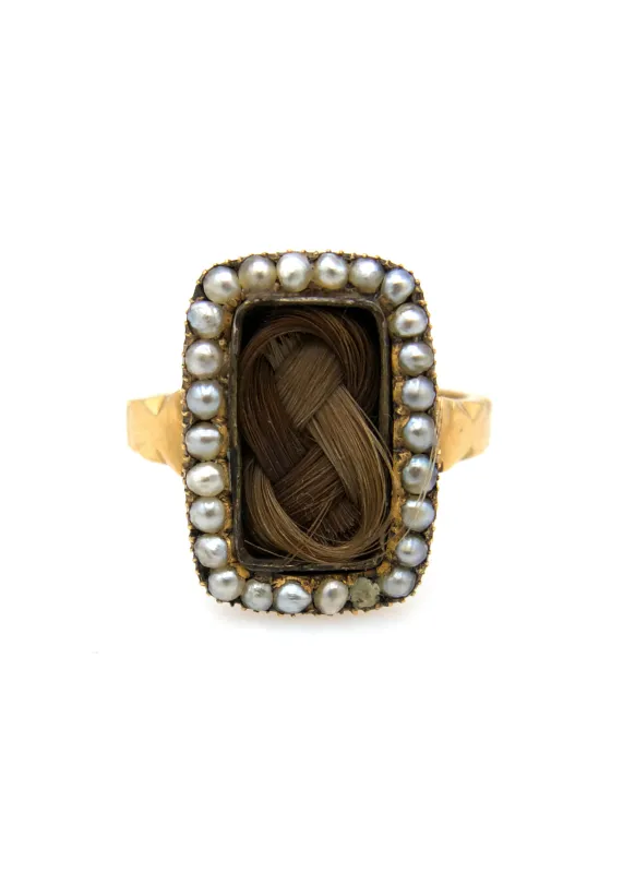Victorian 9K Gold Hair Braid Mourning Ring with Seed Pearls made by Scosha