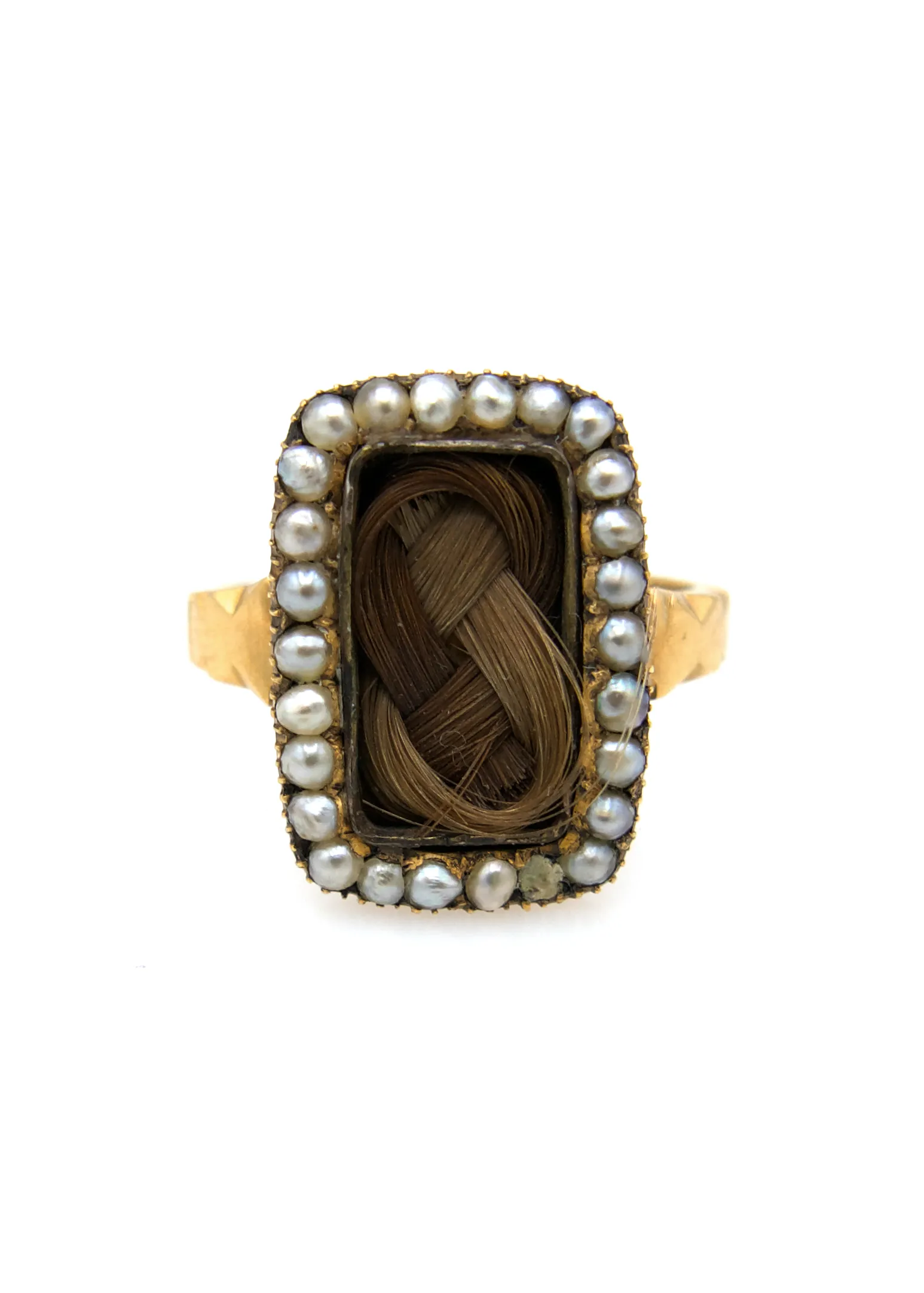 Victorian 9K Gold Hair Braid Mourning Ring with Seed Pearls sold by Scosha
