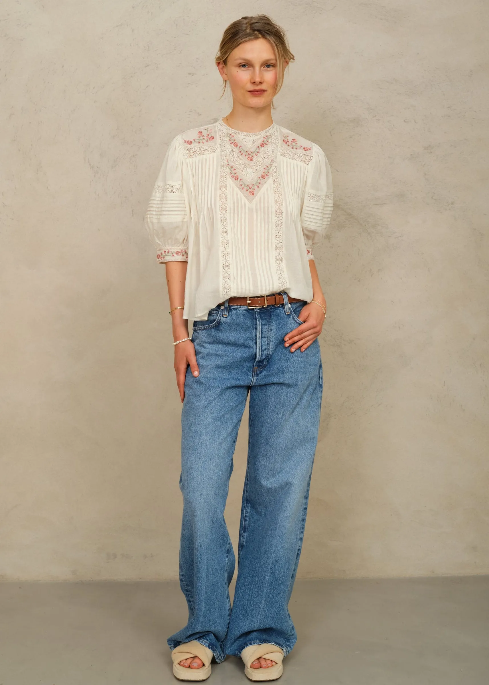 Fleur Short Sleeve Top - Ecru/Multi sold by M.A.B.E.