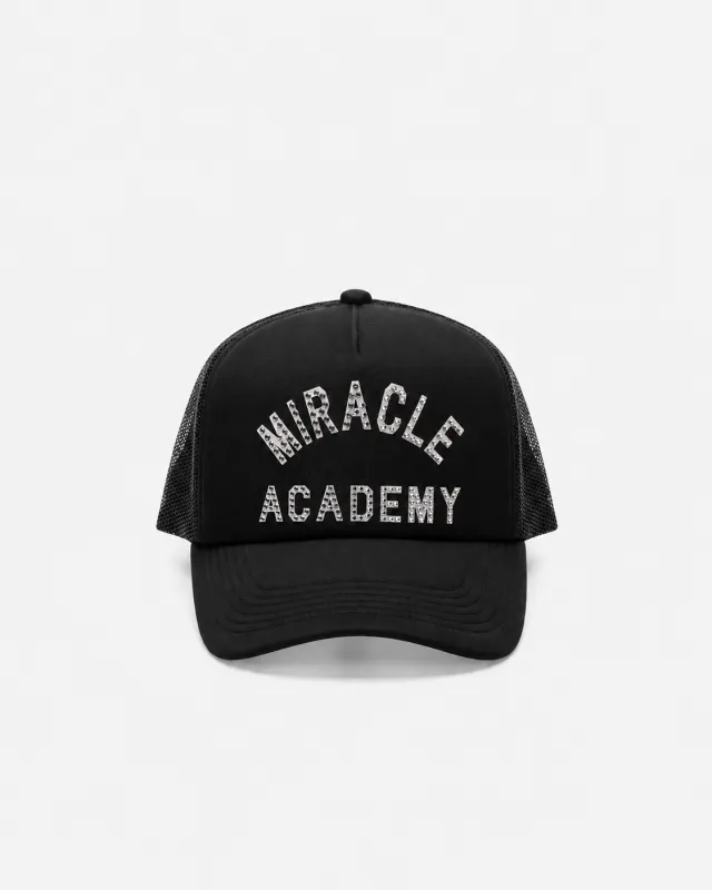 Miracle Academy Foam Crystal Trucker Hat in Black made by Nahmias