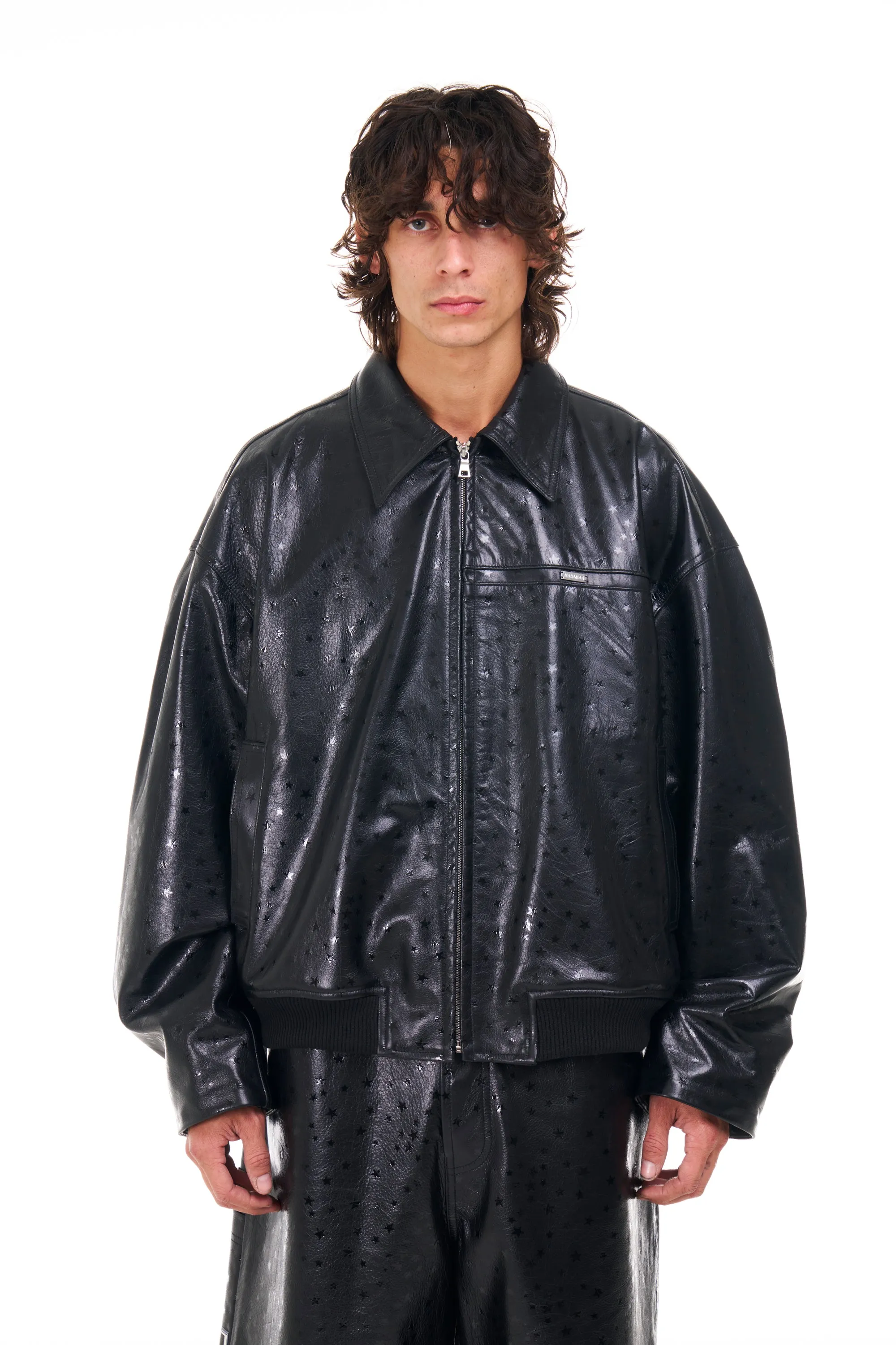 Leather Star Oversized Bomber in Black sold by Nahmias