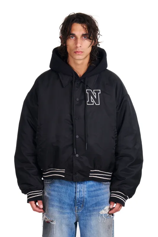Nylon Hooded Bomber in Black made by Nahmias