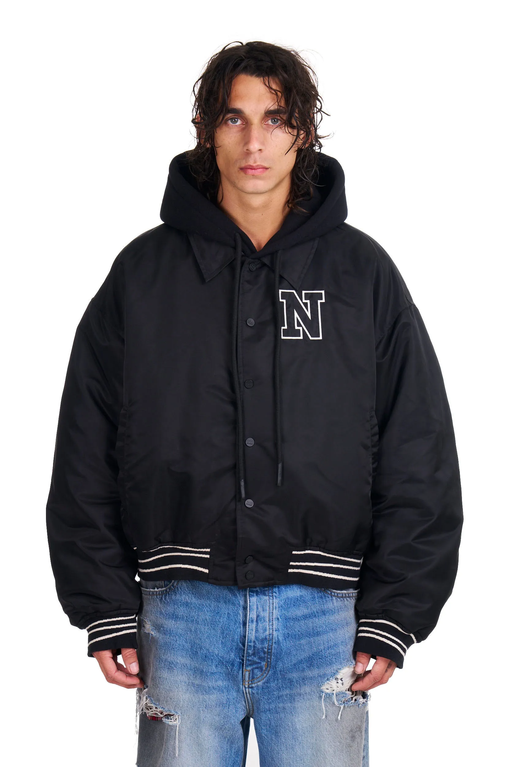 Nylon Hooded Bomber in Black sold by Nahmias