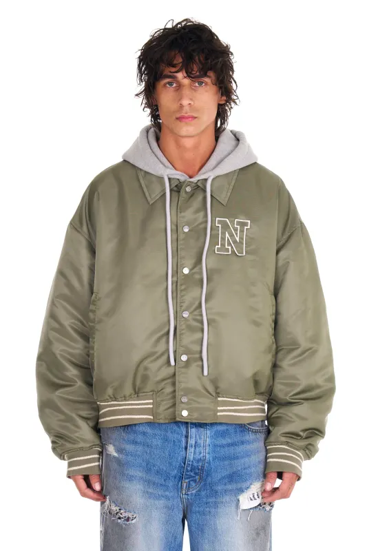 Nylon Hooded Bomber in Army Green made by Nahmias