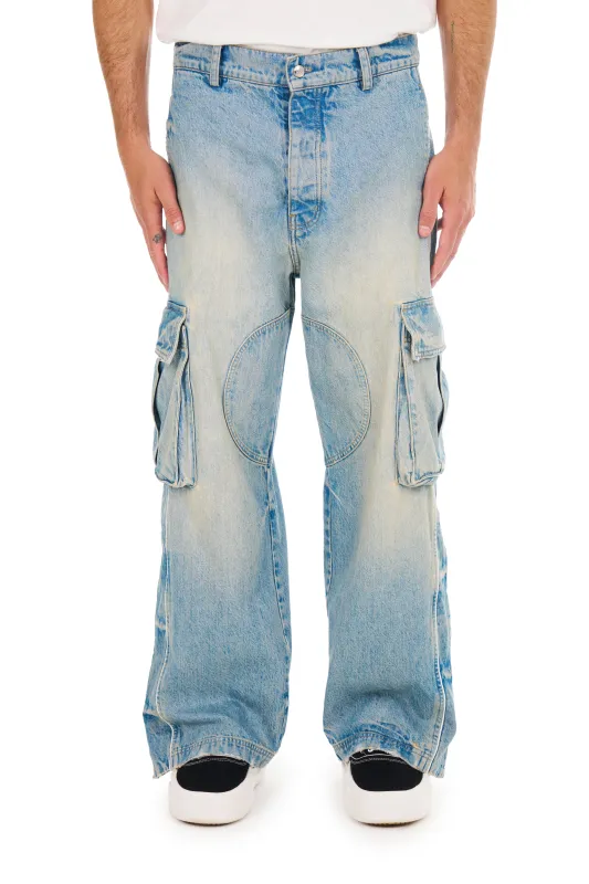 Denim Track Logo Cargos in Light Wash made by Nahmias