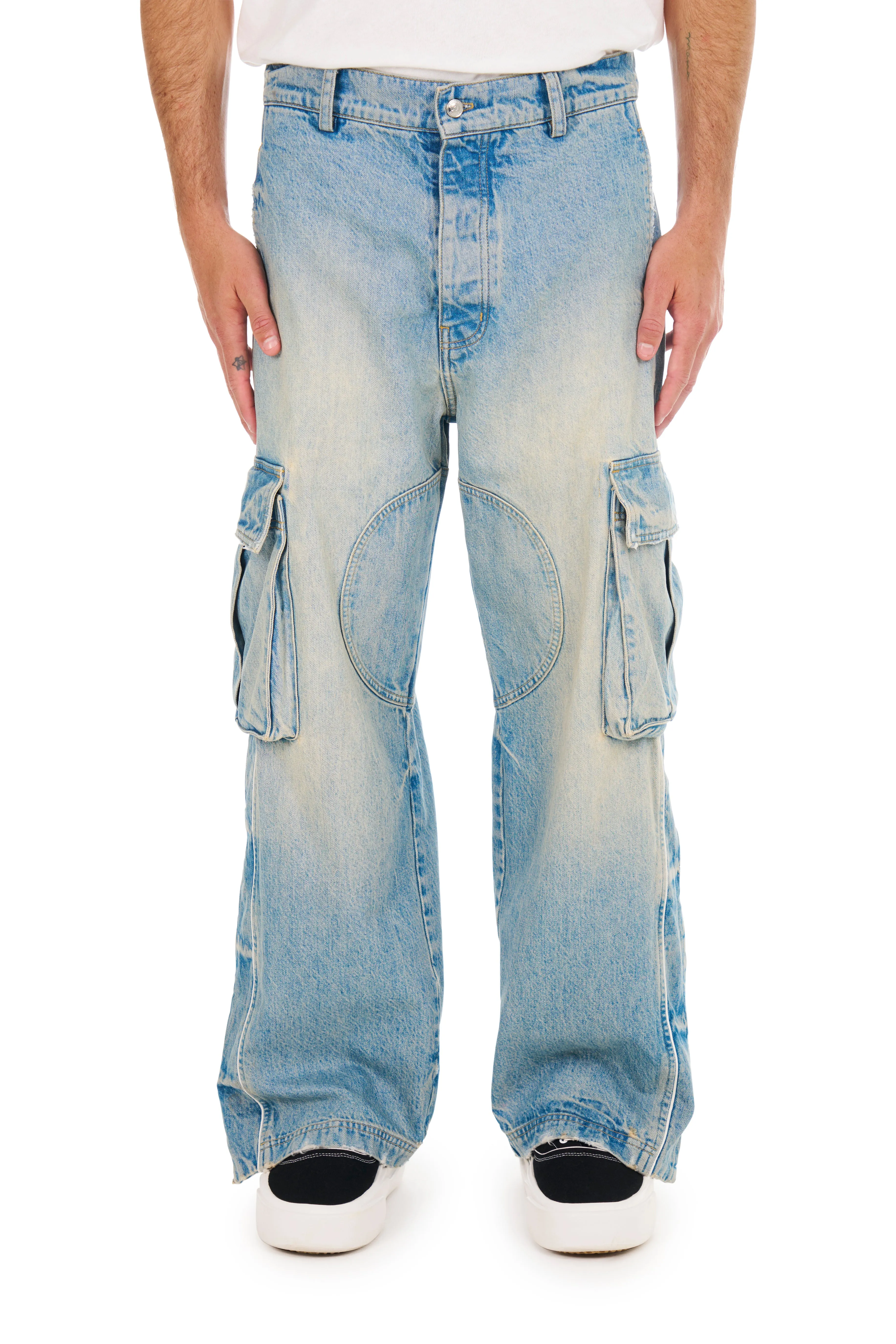 Denim Track Logo Cargos in Light Wash sold by Nahmias