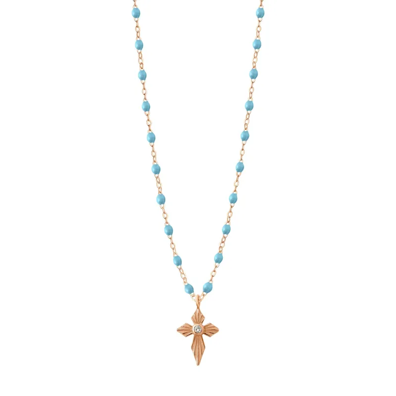 Croix Lumière Turquoise Diamond Necklace, Rose Gold, 16.5" made by Gigi Clozeau