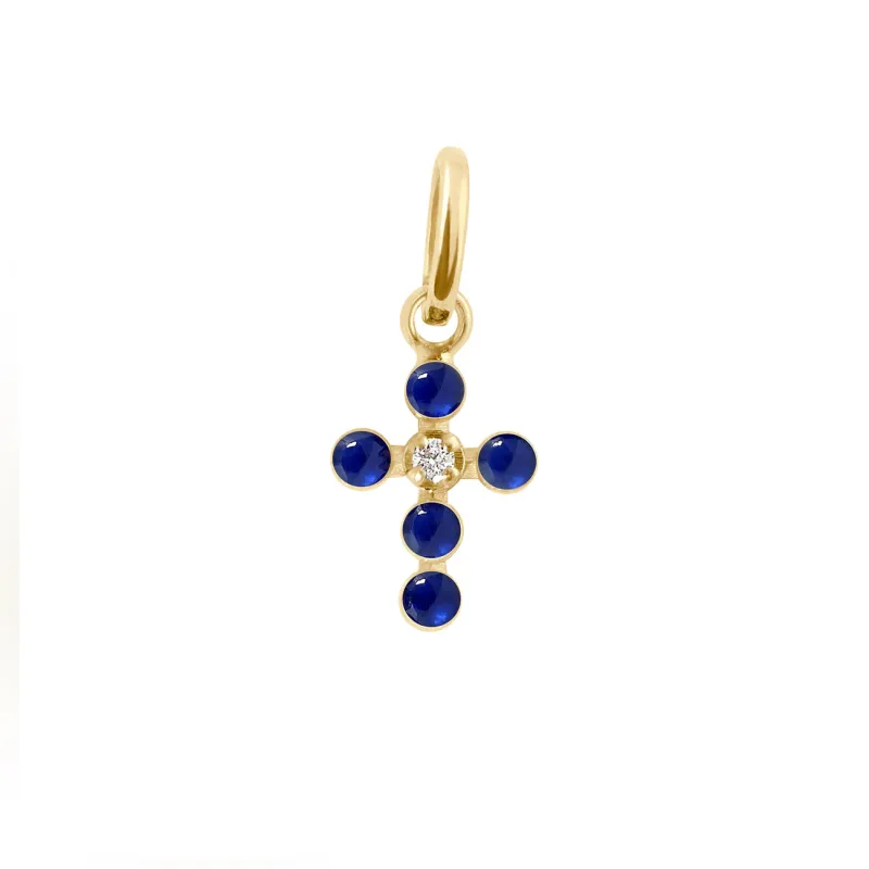 Pearled Cross Diamond Pendant, Lapis, Yellow Gold made by Gigi Clozeau