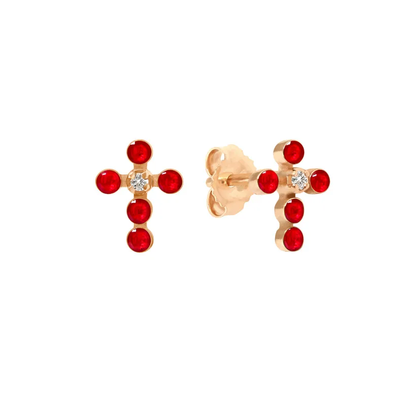 Pearled Cross Diamond Earrings, Ruby, Rose Gold made by Gigi Clozeau