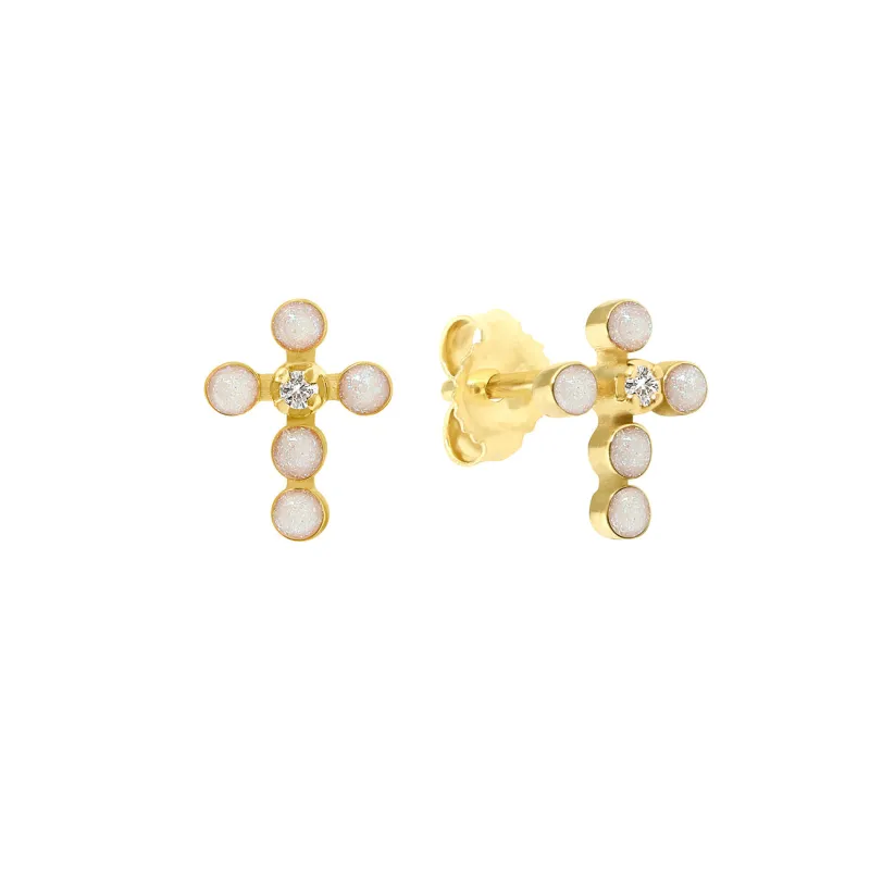 Pearled Cross Diamond Earrings, Opal, Yellow Gold made by Gigi Clozeau