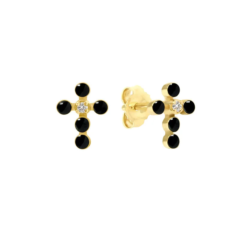 Pearled Cross Diamond Earrings, Black, Yellow Gold made by Gigi Clozeau