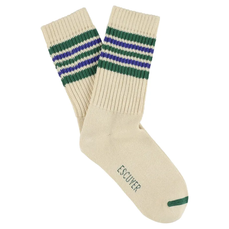 Women 5 Stripes Socks - Ecru / Green / Strong Blue made by Escuyer