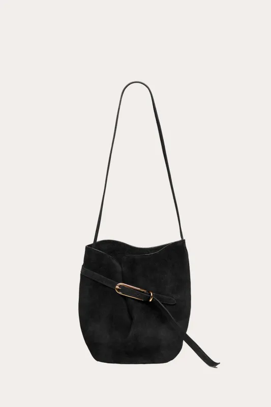 Belted Bucket Bag Black Suede made by Liffner