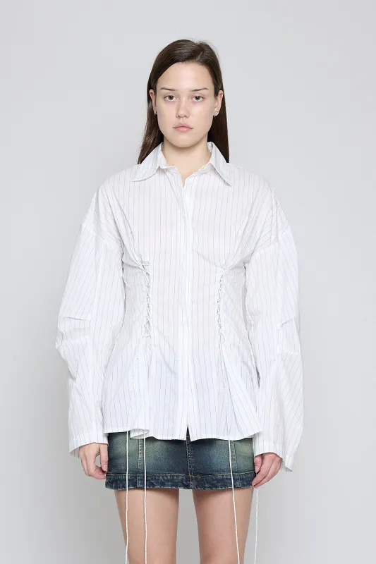 White Pinstripe Laced Button Down made by PRINSCAVera