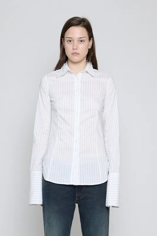 White Pinstripe Fitted Button Down made by PRINSCAVera