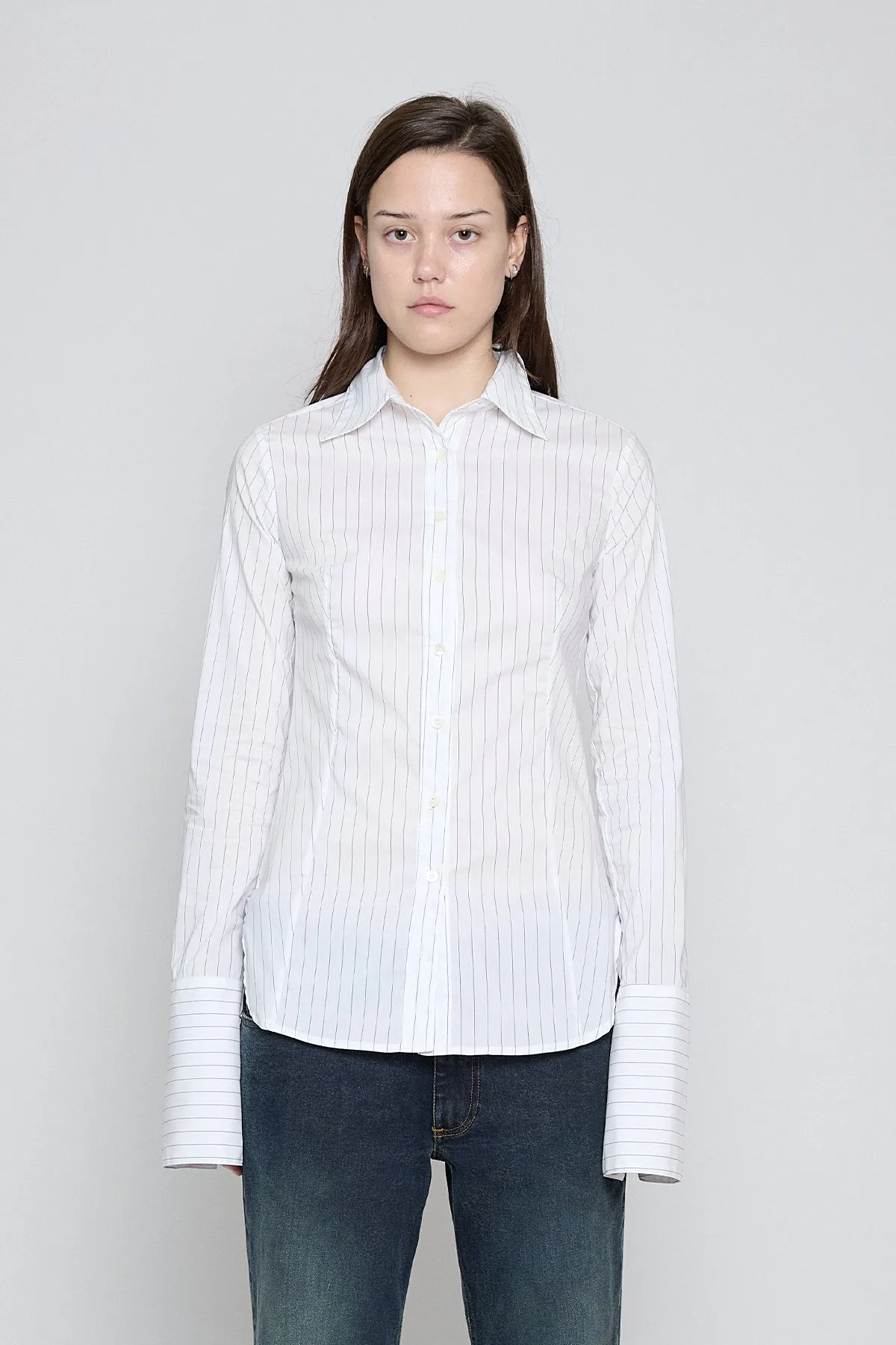 White Pinstripe Fitted Button Down sold by PRINSCAVera