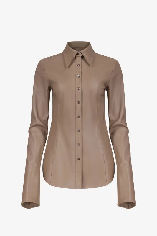 Taupe Fitted Leather Button Down made by PRINSCAVera