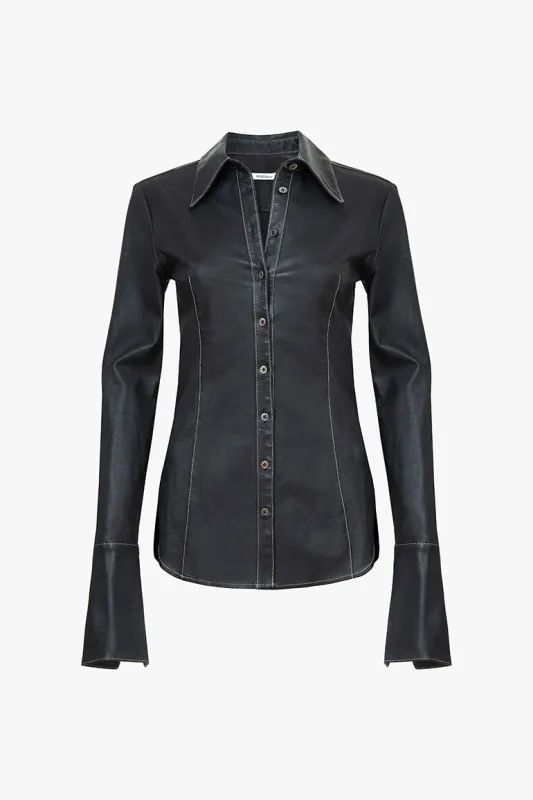 Black Stretch Leather Button Down made by PRINSCAVera