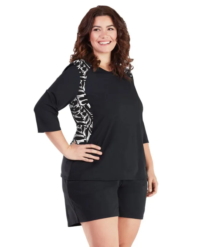 AquaSport Three Quarter Sleeve Rash Guard - Tropical Black - FINAL SALE sold by JunoActive