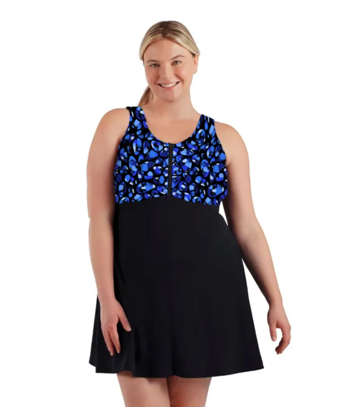 AquaSport Zip Front Swim Dress Ocean Blues Print Black sold by JunoActive