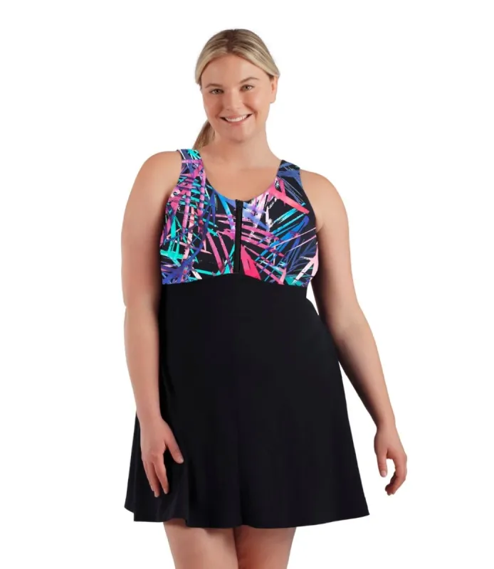 AquaSport Zip Front Swim Dress Sunset Palm Print Black sold by JunoActive
