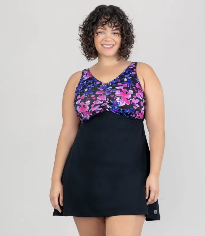 AquaSport Shirred Swim Dress Floral Elegance Print Black Petite/Average sold by JunoActive
