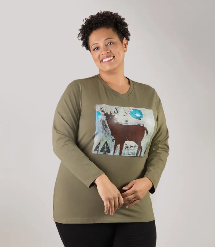 Designer Graphic Long Sleeve V-Neck Top Twilight Forest sold by JunoActive