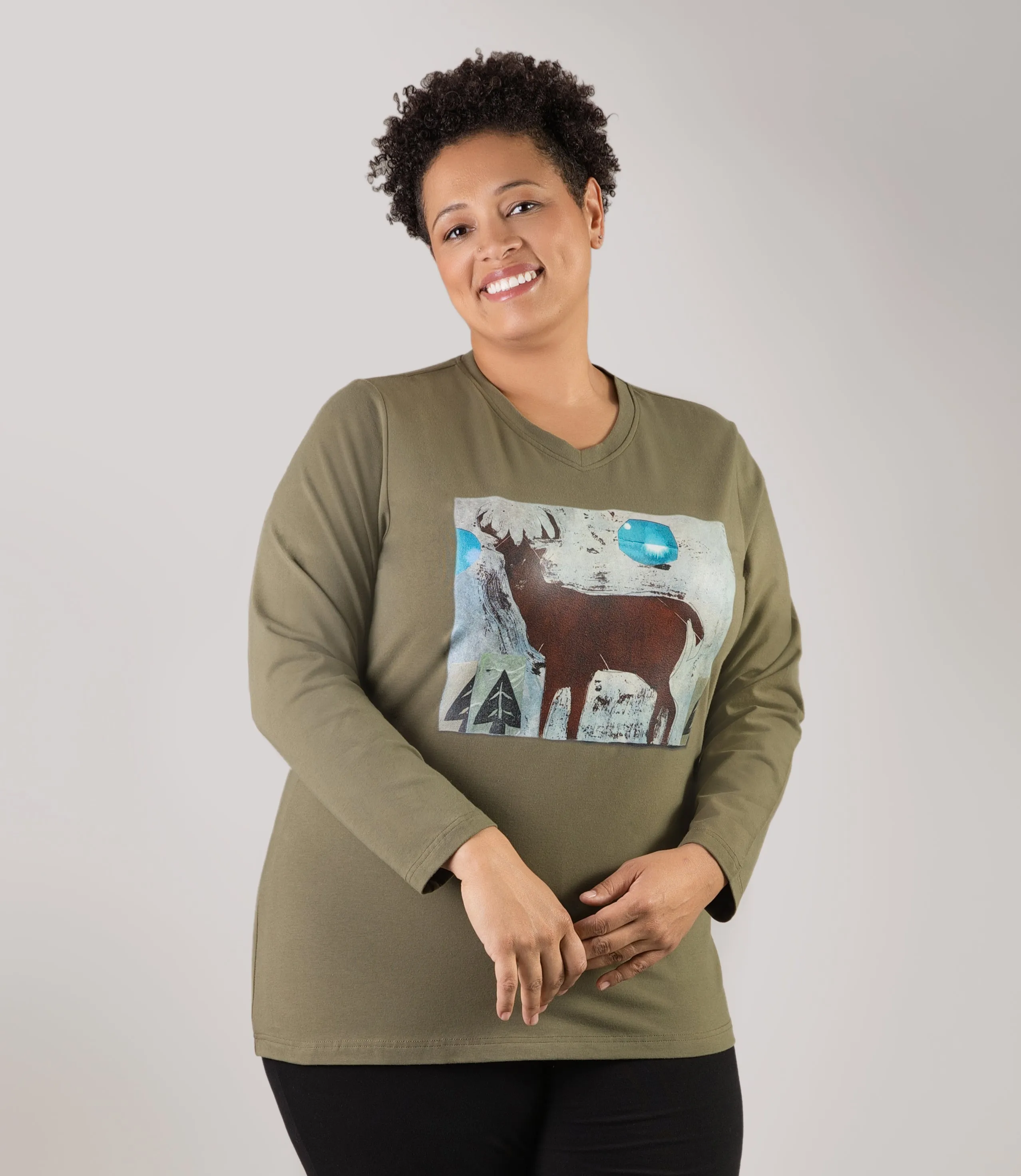 Designer Graphic Long Sleeve V-Neck Top Twilight Forest - FINAL SALE sold by JunoActive