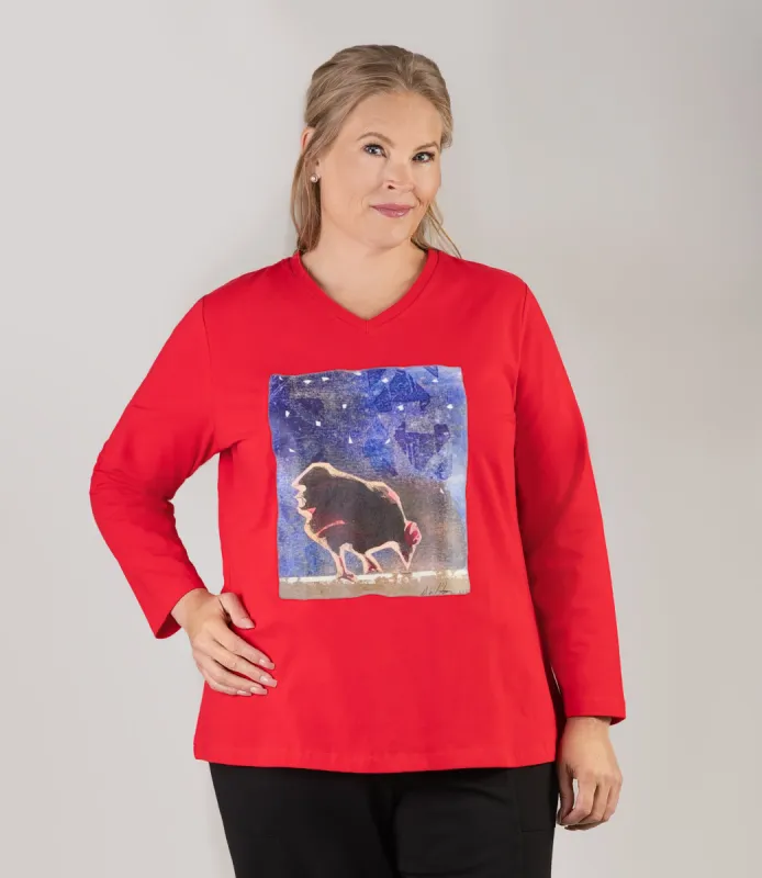Designer Graphic Long Sleeve V-Neck Top Oh Henny! sold by JunoActive