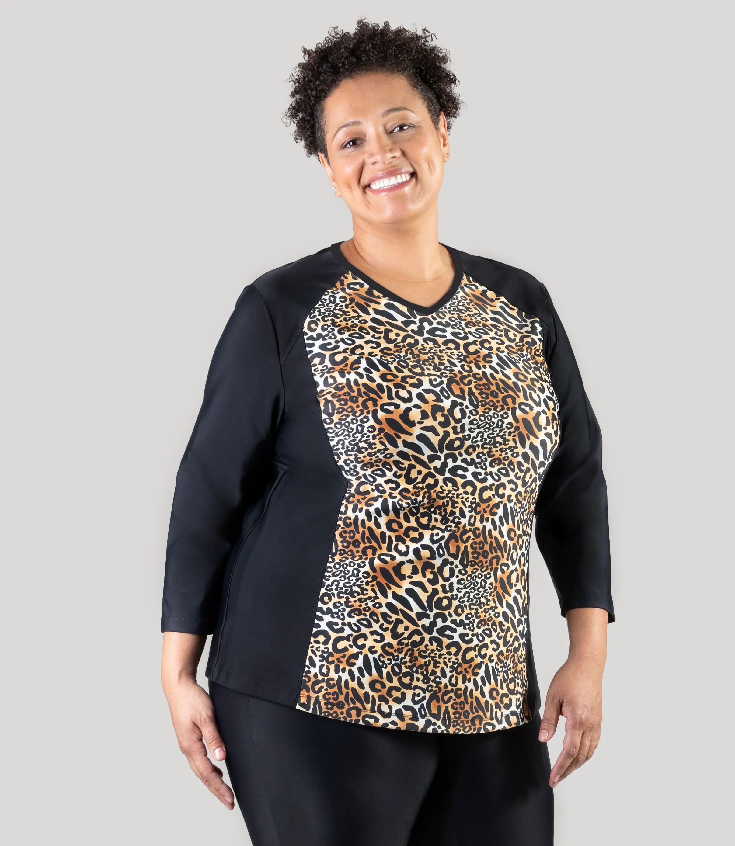 QuikEnergy 3/4 Sleeve Rash Guard Leopard Print Black sold by JunoActive