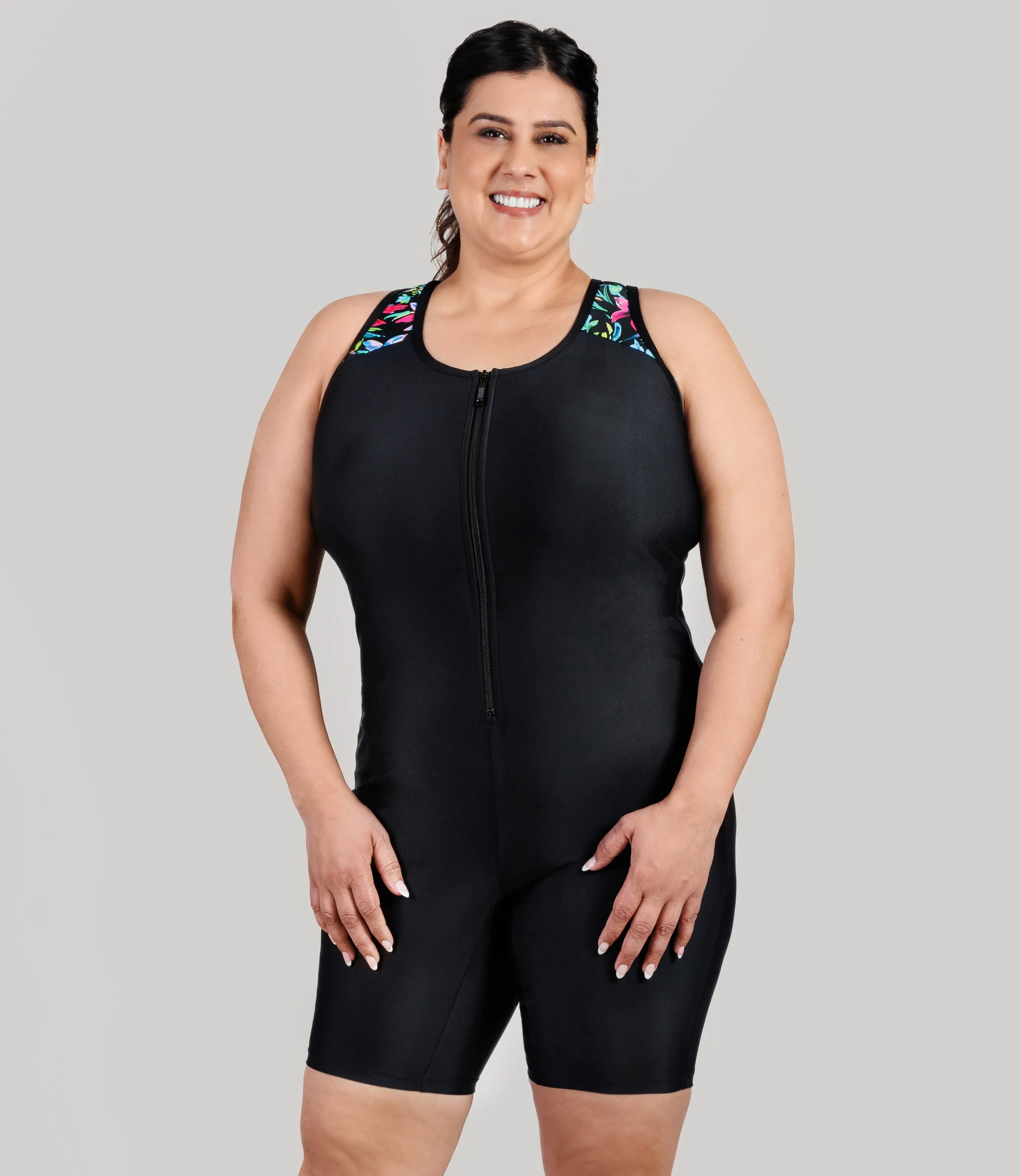 QuikEnergy Racerback Zip Front Aquatard Night Lilies Print Black sold by JunoActive
