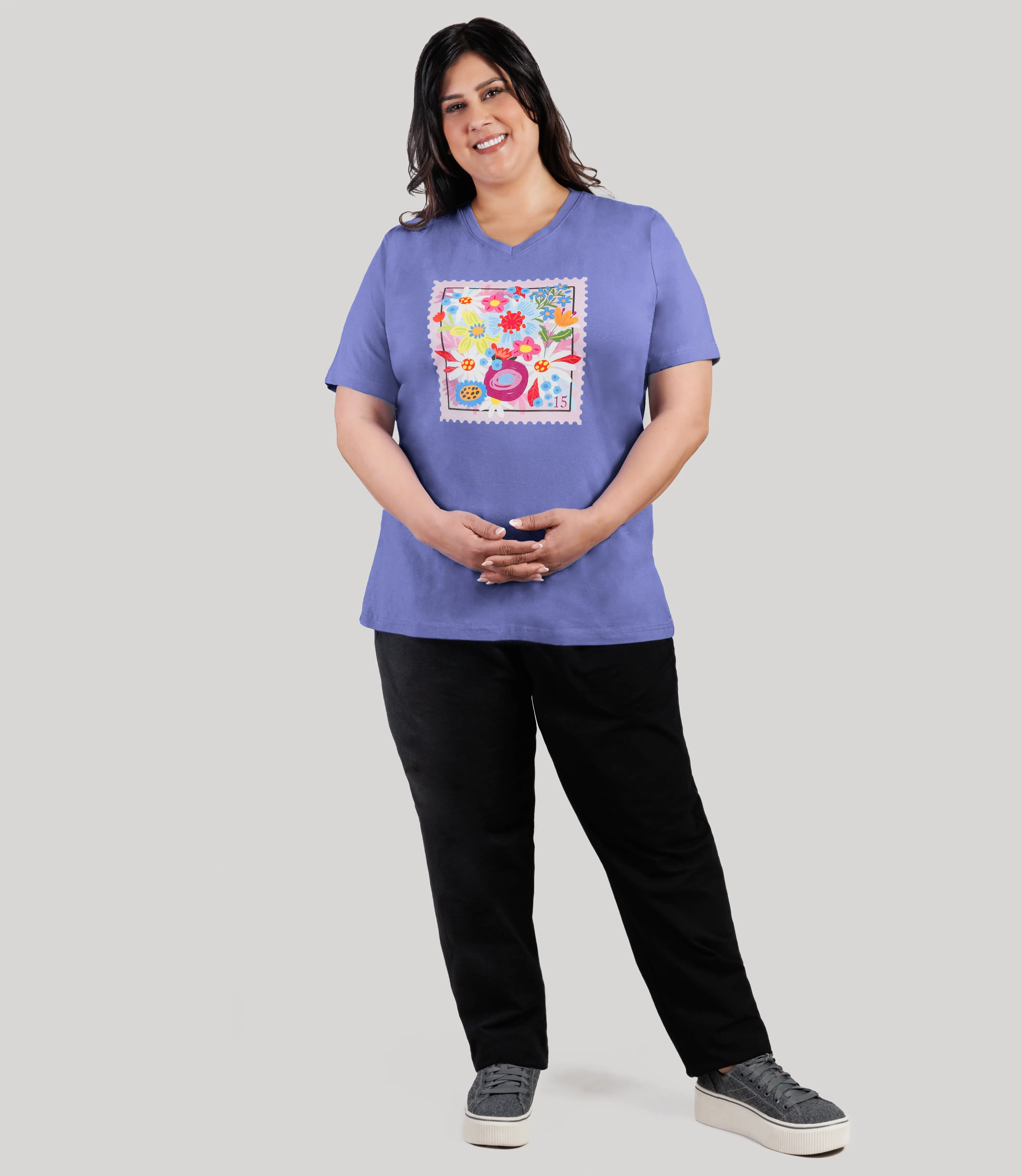 Designer Graphic V-Neck Top Pink Petals sold by JunoActive product image thumbnail 3