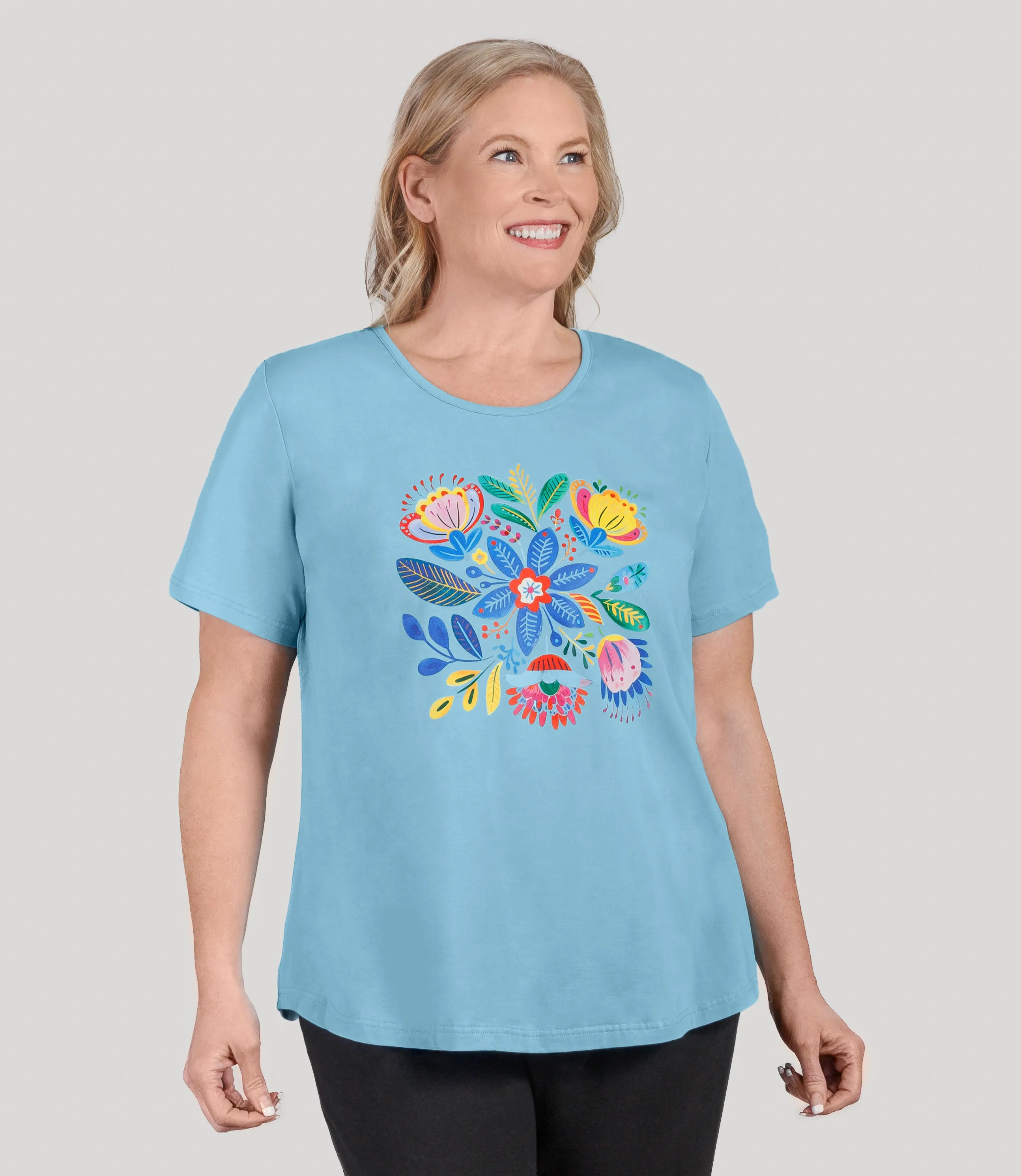 Designer Graphic Scoop Neck Top Bright Blossoms sold by JunoActive
