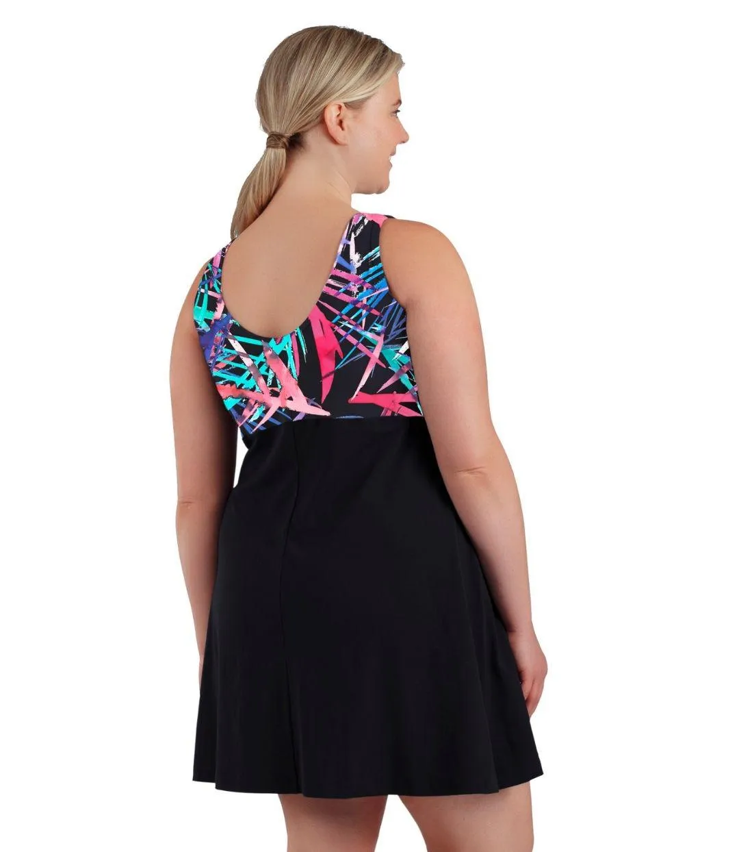 AquaSport Zip Front Swim Dress Sunset Palm Print Black - FINAL SALE sold by JunoActive product image thumbnail 2