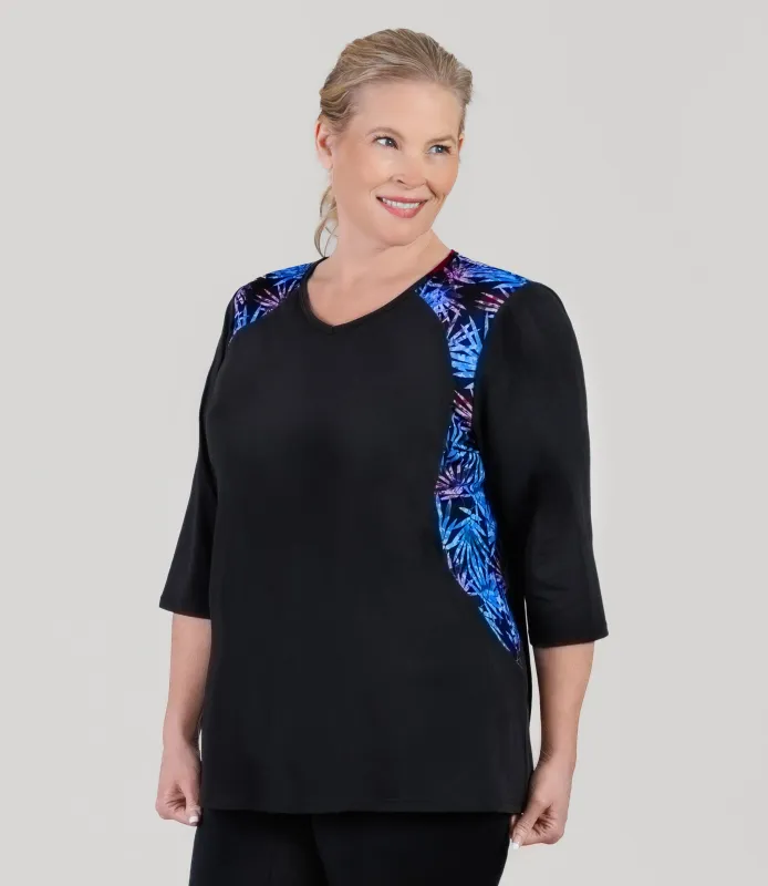 AquaSport 3/4 Sleeve Rash Guard Jewel Palmetto Print Black sold by JunoActive