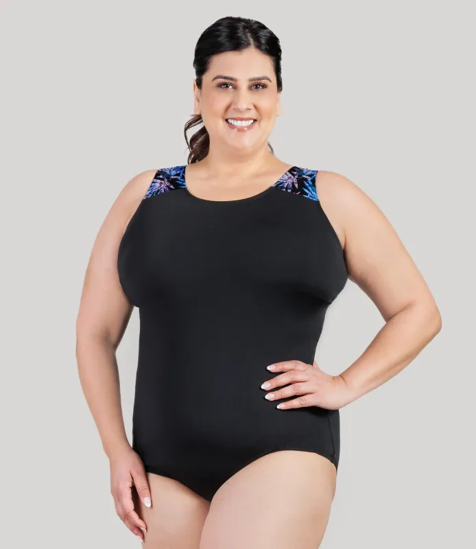 AquaSport Crossback Tanksuit Jewel Palmetto Print Black sold by JunoActive