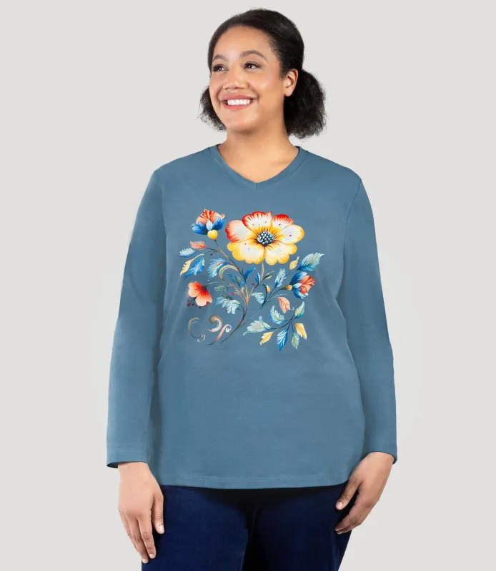 Designer Graphic Long Sleeve V-Neck Top Amber Flora sold by JunoActive