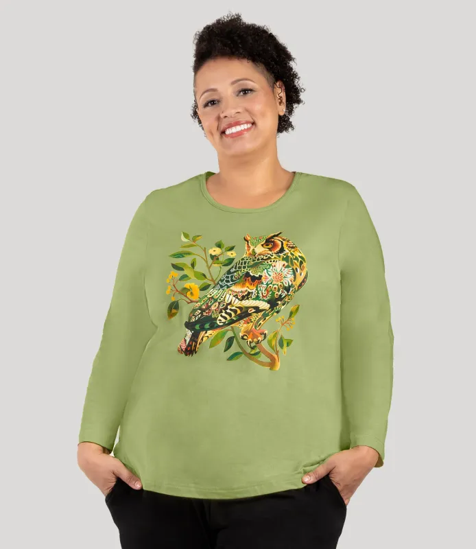 Designer Graphic Long Sleeve Scoop Neck Top Woodland Owl sold by JunoActive