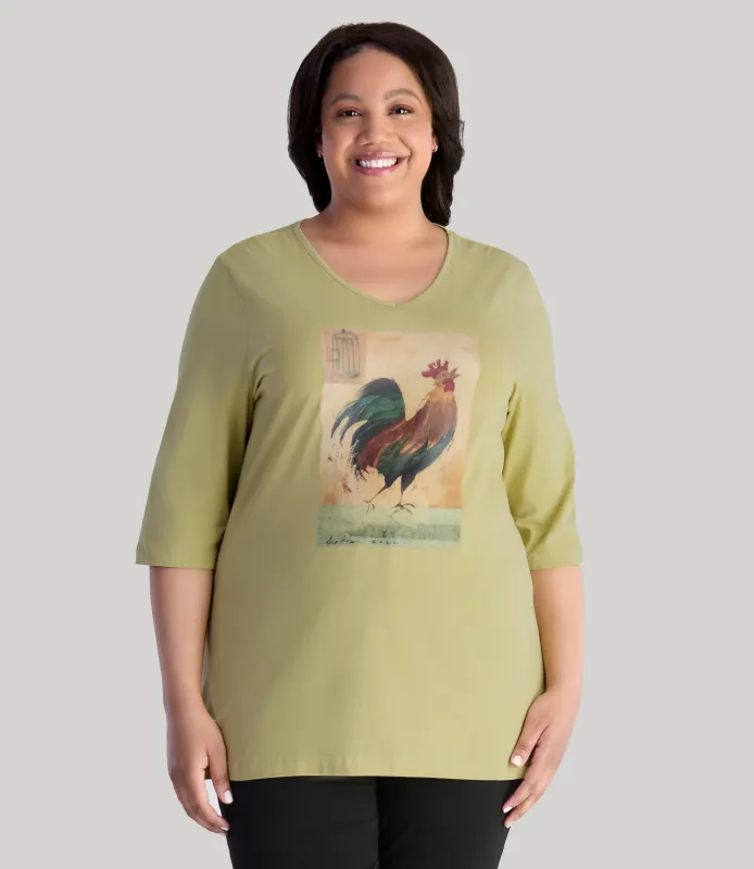 Designer Graphic 3/4 Sleeve V-Neck Tunic Rooster - FINAL SALE made by JunoActive