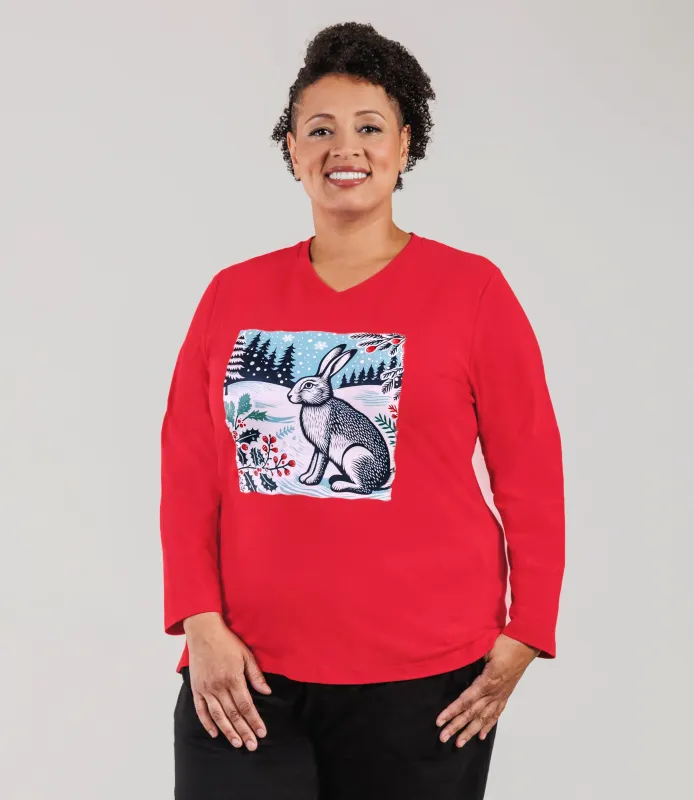 Designer Graphic Long Sleeve V-Neck Top Winter Hare sold by JunoActive